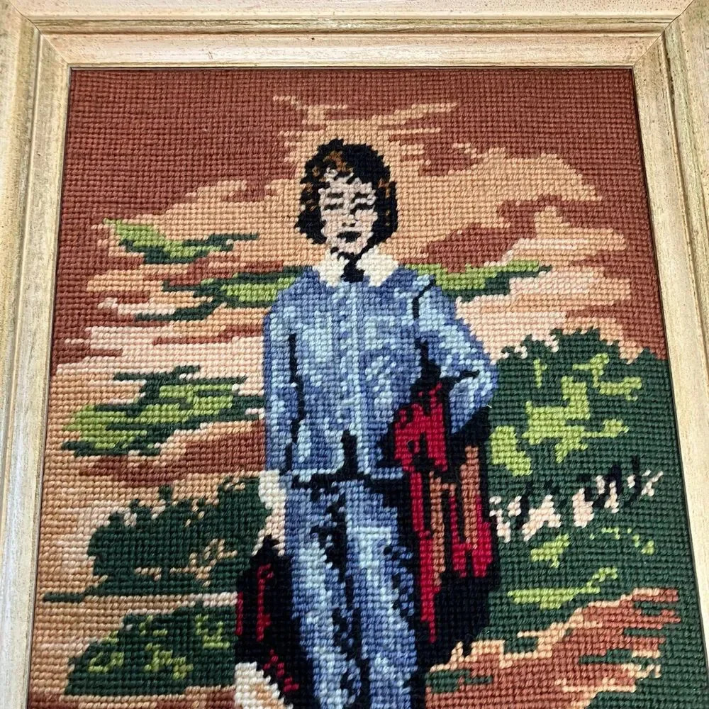 Blue Boy & Pinky Lady Completed Cross Stitch Needlepoint Wooden Frames Vintage